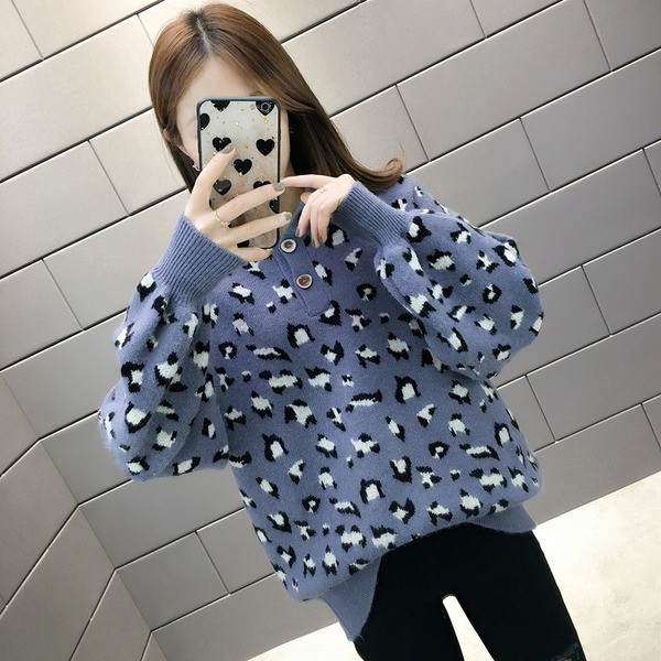 Pulover de iarnă de damă cu guler clasic și model animal