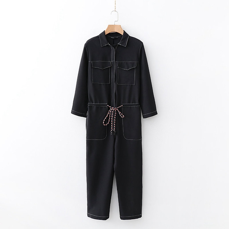 Καθημερινή γυναικεία ολόσωμη φόρμα  με κορδόνια και τσέπες σε μαύρο χρώμα