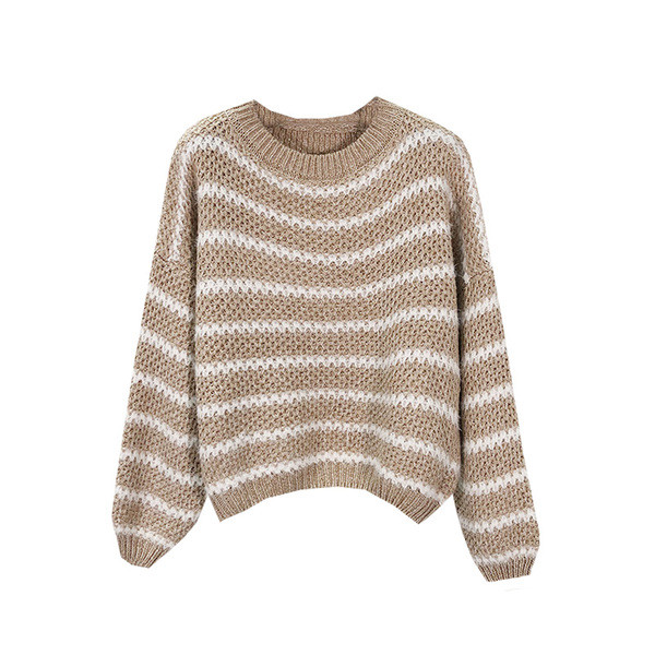 Γυναικείο κομψό πουλόβερ  με O-λαιμό σε γκρι και μπεζ χρώμα