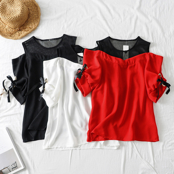 Καθημερινή γυναικεία μπλούζα με κοντό μανίκι και  κορδόνια  σε τρία χρώματα