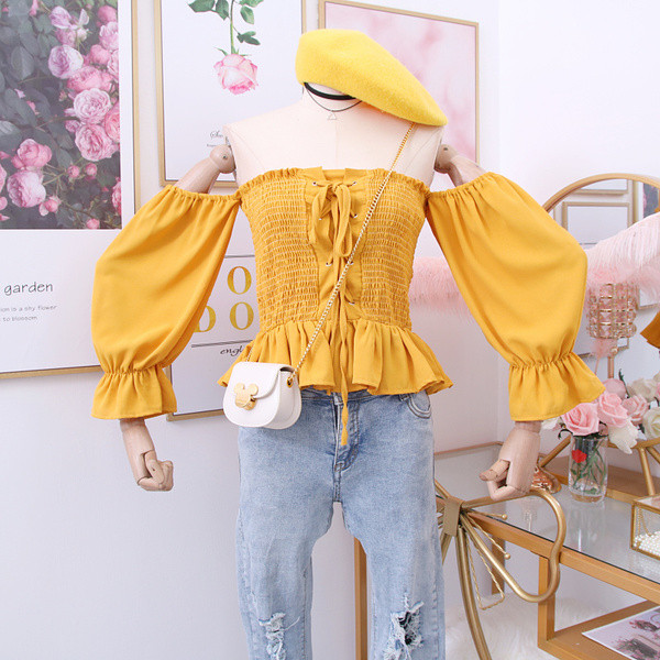 Νέο μοντέλο  μοντέρνα μοντέρνα γυναικεία μπλούζα με γυμνά ώμους με δεσμούς - διάφορα χρώματα