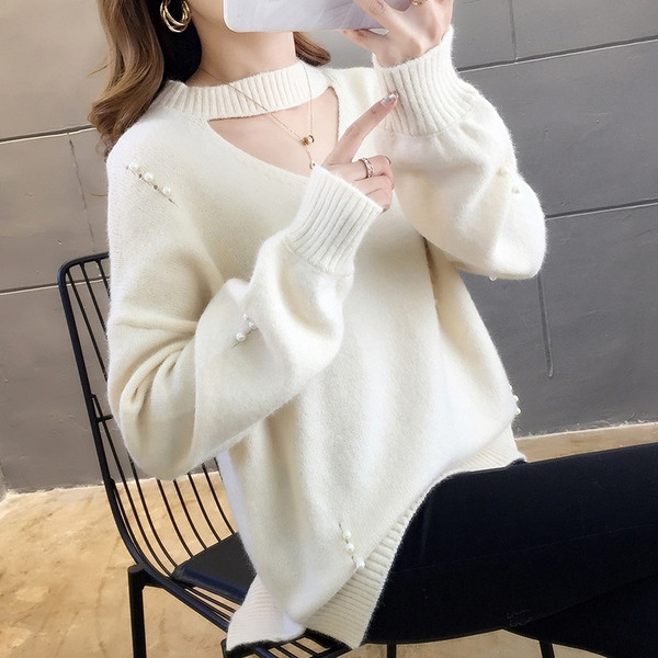 Γυναικ`ειο χειμωνιάτικο πουλόβερ με πέρλες  σε διάφορα χρώματα