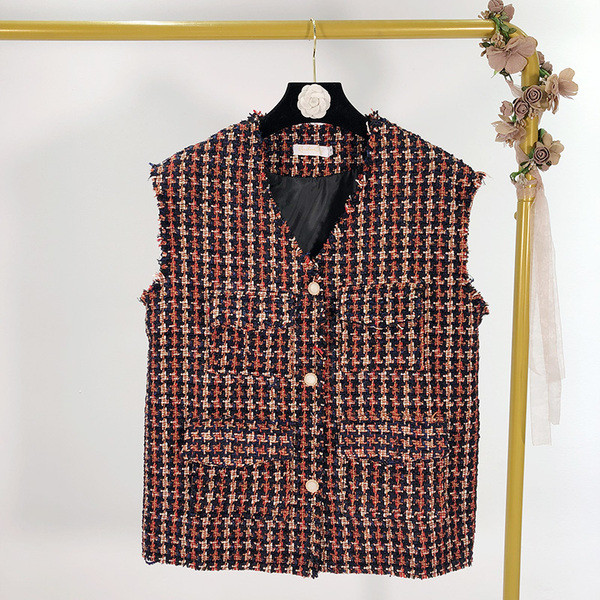 Γυναικείο καρό γιλέκο με τσέπες και κουμπιά