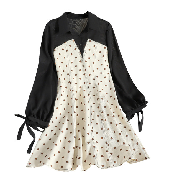 Pöttyös női ruha hosszú ujjú fekete-fehér színben