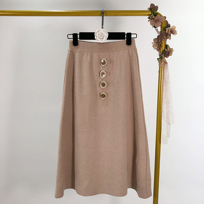 Fusta de dama lunga din tricotat subtire cu nasturi si talie elastica