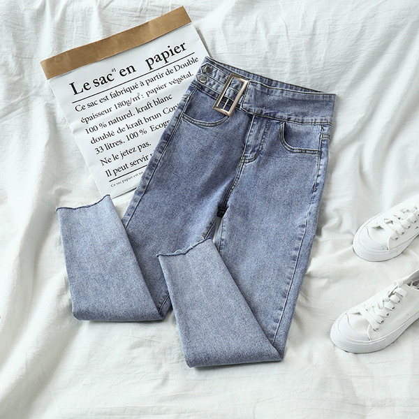 Blugi lungi de dama cu talie inalta in albastru