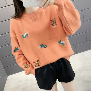 Aktuális női téli pulóver fehér, zöld, sárga és narancssárga hímzéssel