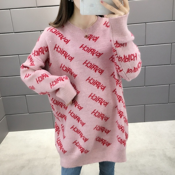 Μοντέρνο χειμερινό γυναικείο  πουλόβερ- μακρύ μοντέλο με γράμματα