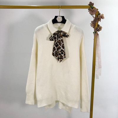 Γυναικείο πλεκτό πουλόβερ με κολάρο σε τρία χρώματα και κορδόνια  με εκτύπωση ζώων