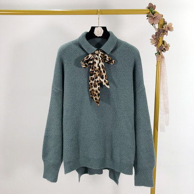 Γυναικείο πλεκτό πουλόβερ με κολάρο σε τρία χρώματα και κορδόνια  με εκτύπωση ζώων