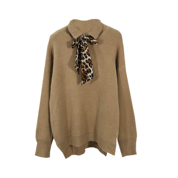 Γυναικείο πλεκτό πουλόβερ με κολάρο σε τρία χρώματα και κορδόνια  με εκτύπωση ζώων
