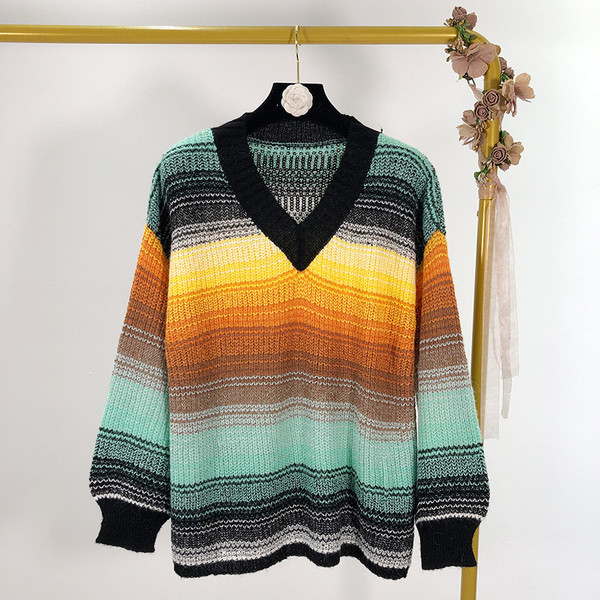 Női pulóver spitz nyakkivágással és lefolyó színekkel - két színben