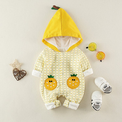 Βρεφική ολόσωμη φόρμα για κορίτσια και αγόρια σε κίτρινο και ροζ χρώμα με κουκούλα