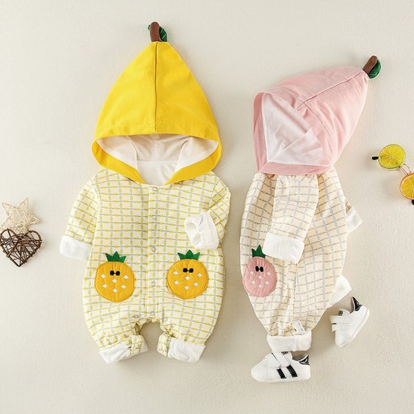 Βρεφική ολόσωμη φόρμα για κορίτσια και αγόρια σε κίτρινο και ροζ χρώμα με κουκούλα