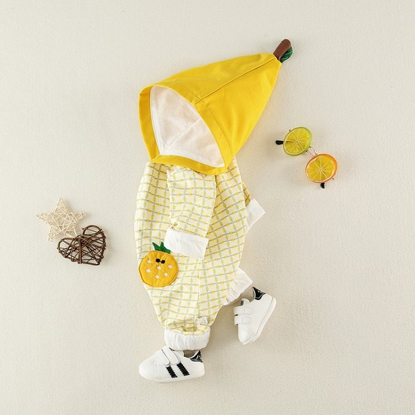 Βρεφική ολόσωμη φόρμα για κορίτσια και αγόρια σε κίτρινο και ροζ χρώμα με κουκούλα