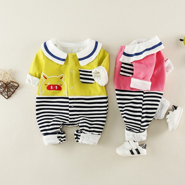 Model nou de salopeta bebelusi cu guler clasic si buzunar pentru fete in doua culori