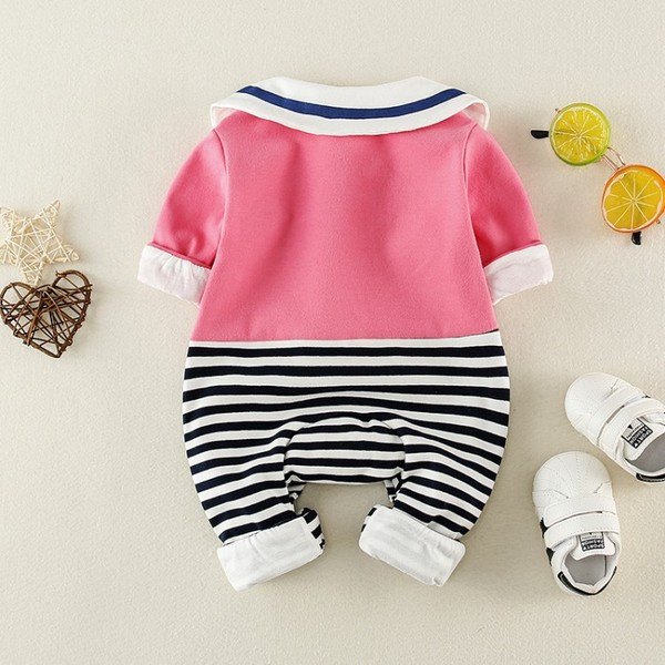 Model nou de salopeta bebelusi cu guler clasic si buzunar pentru fete in doua culori