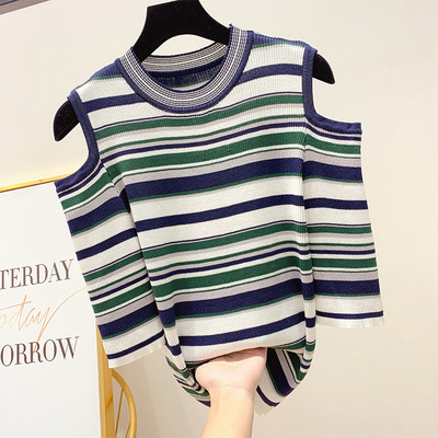 Csíkos női pulóver csupasz váll és 3/4 ujjú