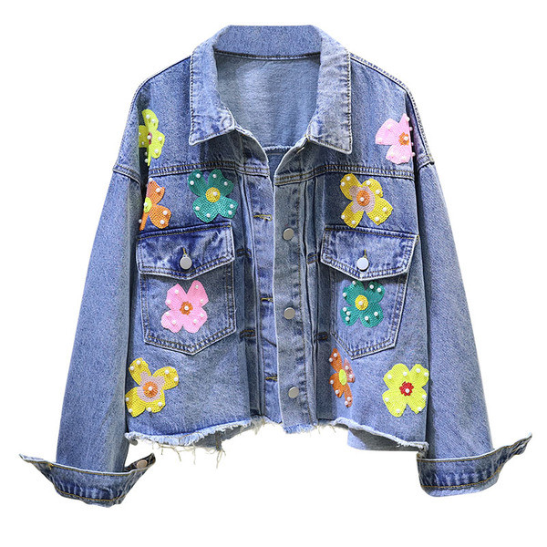 Γυναικείο τζιν μπουφάν με λουλούδια και πέρλες  σε μπλε χρώμα