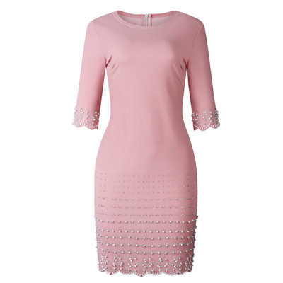 Κομψό γυναικείο φόρεμα με 3/4 μανίκια και διακοσμητικά πέρλες σε ροζ και μπορντό χρώμα