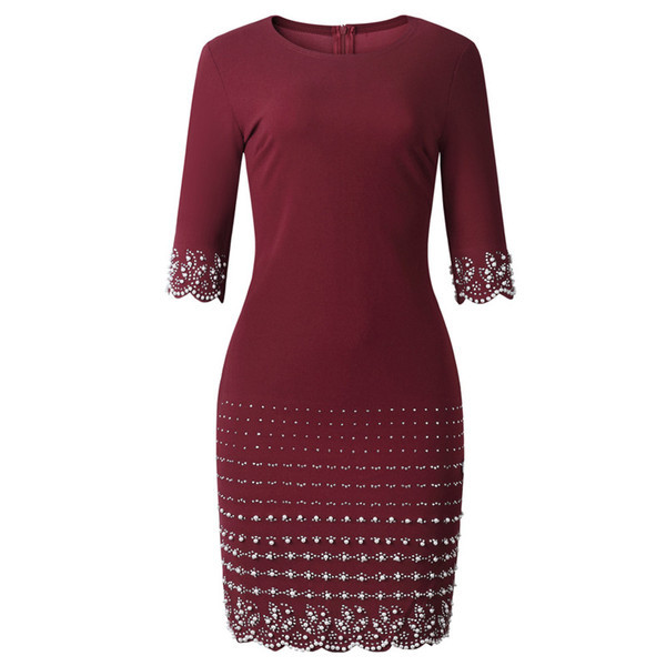 Κομψό γυναικείο φόρεμα με 3/4 μανίκια και διακοσμητικά πέρλες σε ροζ και μπορντό χρώμα
