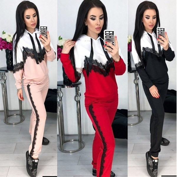 Γυναικείο casual φόρμα  με κουκούλα και δαντέλα σε διάφορα χρώματα