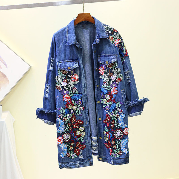 Geaca de dama lunga din denim cu broderie florala