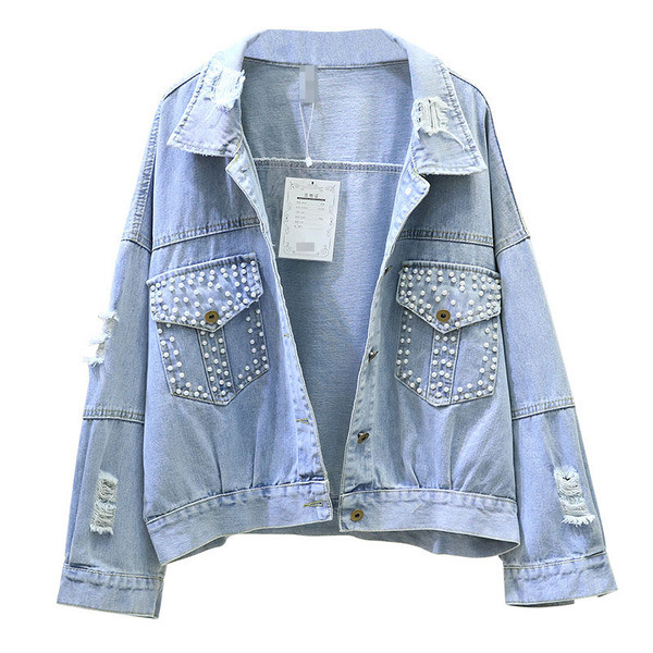 Μοντέρνο γυναικείο  denim μπουφάν  με πέρλες σε ανοιχτό χρώμα