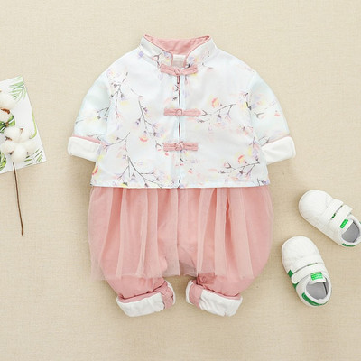 Új modell baba overall lányoknak virágos motívumokkal és tüll kék és rózsaszín színben