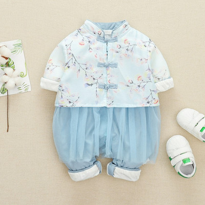 Új modell baba overall lányoknak virágos motívumokkal és tüll kék és rózsaszín színben