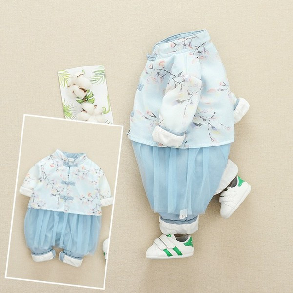 Új modell baba overall lányoknak virágos motívumokkal és tüll kék és rózsaszín színben