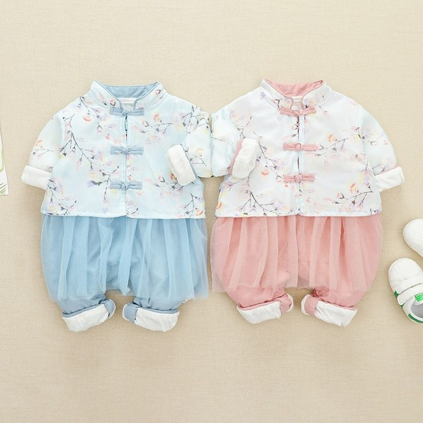 Új modell baba overall lányoknak virágos motívumokkal és tüll kék és rózsaszín színben