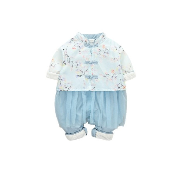 Új modell baba overall lányoknak virágos motívumokkal és tüll kék és rózsaszín színben