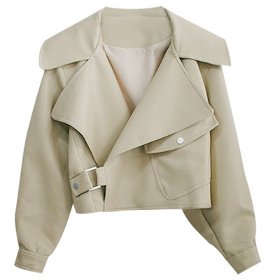 Μοντέρνο γυναικείο μπουφάν  από οικολογικό δέρμα σε μαύρο και μπεζ χρώμα