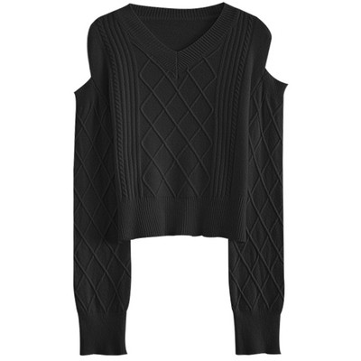 Μοντέρνο γυναικείο πουλόβερ  με γυμνούς ώμους σε μαύρο και άσπρο χρώμα
