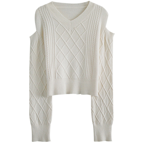 Μοντέρνο γυναικείο πουλόβερ  με γυμνούς ώμους σε μαύρο και άσπρο χρώμα