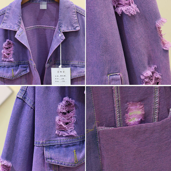 Casual μπουφάν τζην με σκισμένα μωβ μοτίβα