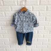 Pöttyös ing + farmer, kék rátéttel ellátott modern gyerekkészlet fiúknak