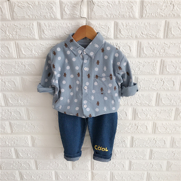 Pöttyös ing + farmer, kék rátéttel ellátott modern gyerekkészlet fiúknak