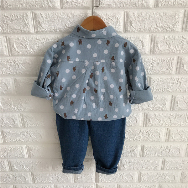 Pöttyös ing + farmer, kék rátéttel ellátott modern gyerekkészlet fiúknak