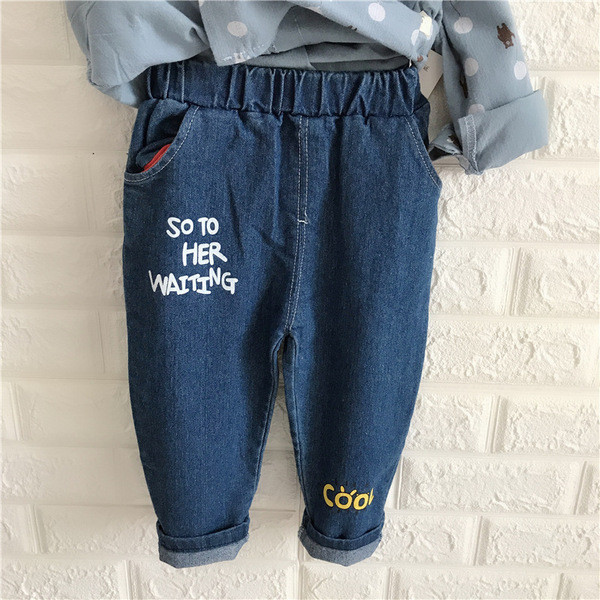 Pöttyös ing + farmer, kék rátéttel ellátott modern gyerekkészlet fiúknak