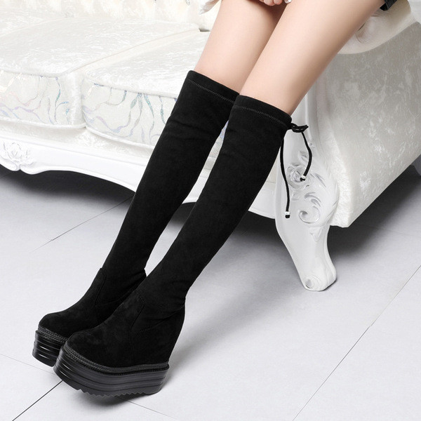 Cizme de dama din piele intoarsa eco pe platforma cu sireturi