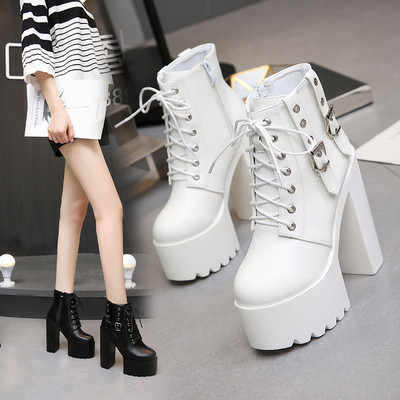 Γυναικείες  μπότες με ψηλό τακούνι  σε λευκό και μαύρο με  κορδόνια  και φερμουάρ