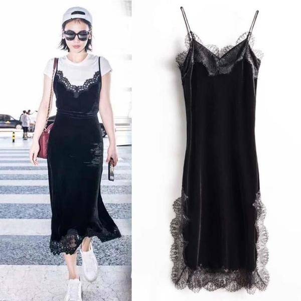 Rochie moderna de dama lunga cu bretele subtiri si dantela in negru