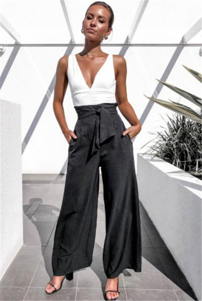 Модерен дамски панталон с висока талия и панделка