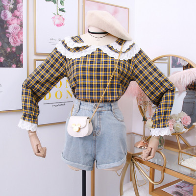 Карирана дамска риза с яка в жълт,червен и син цвят