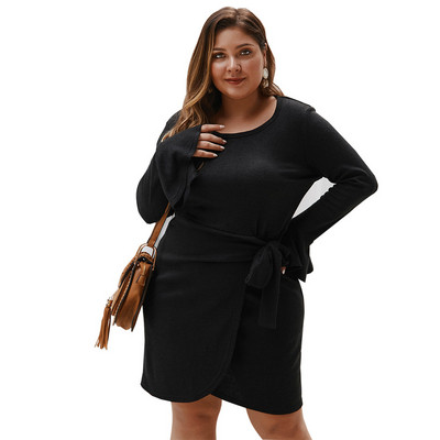 Голям размер дамска рокля с дълъг ръкав и връзки в няколко цвята