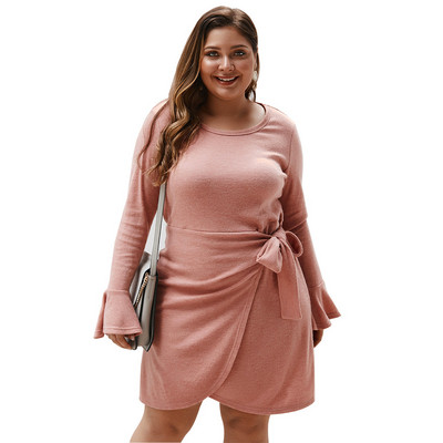 Голям размер дамска рокля с дълъг ръкав и връзки в няколко цвята