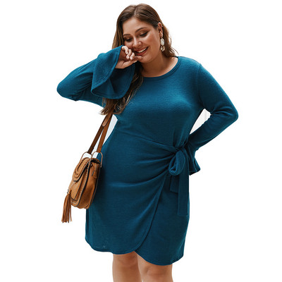 Голям размер дамска рокля с дълъг ръкав и връзки в няколко цвята