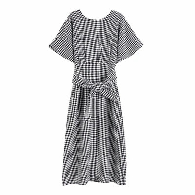 Ежедневна карирана дълга рокля с къс ръкав и връзки